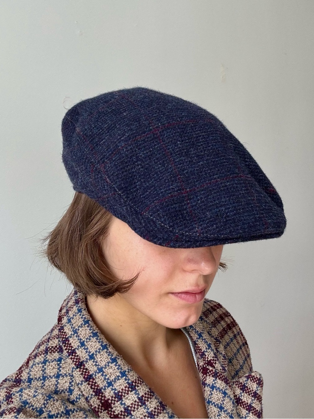 Authentic Hanna Hats of Donegal Blue & Red Plaid Tweed Flat Cap.